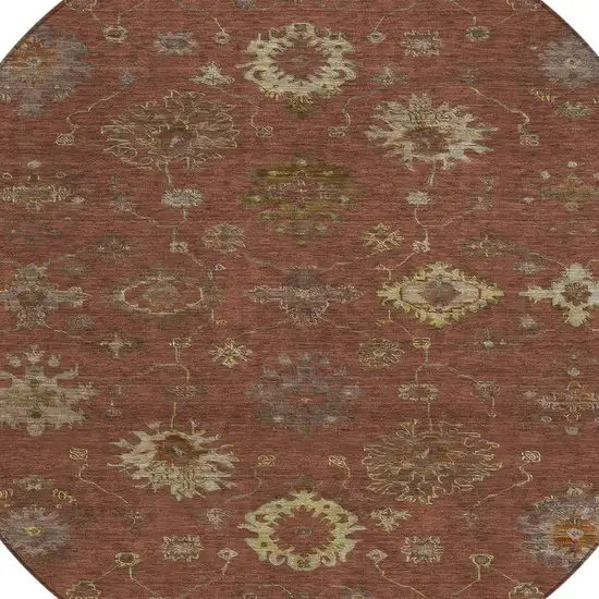 8' Rust And Gold Round Floral Washable Indoor Outdoor Area Rug Photo 4