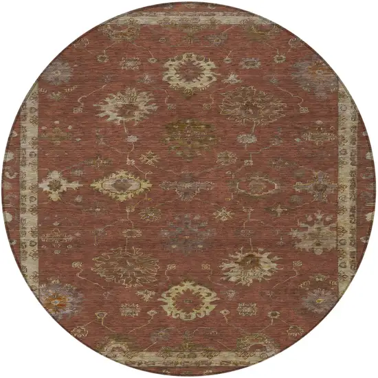 8' Rust And Gold Round Floral Washable Indoor Outdoor Area Rug Photo 3