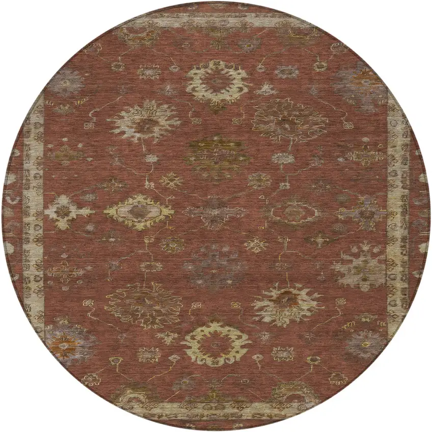 8' Rust And Gold Round Floral Washable Indoor Outdoor Area Rug Photo 3