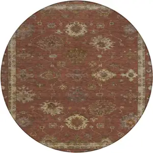 Photo of 8' Rust And Gold Round Floral Washable Indoor Outdoor Area Rug