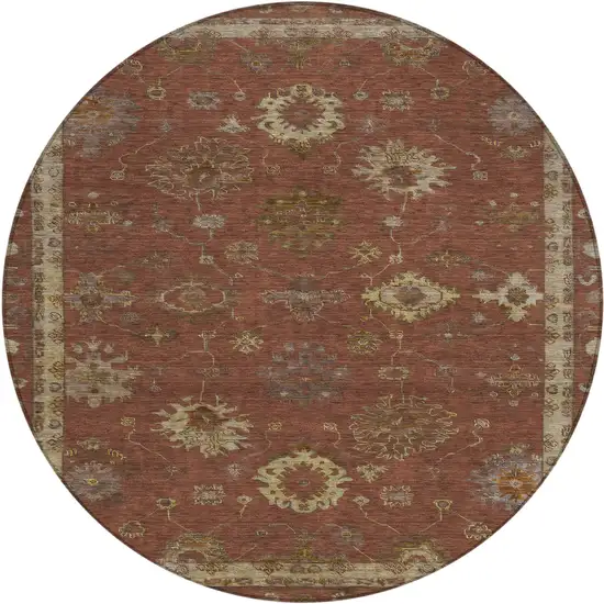 8' Rust And Gold Round Floral Washable Indoor Outdoor Area Rug Photo 1
