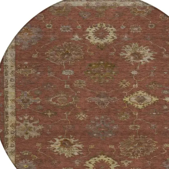 8' Rust And Gold Round Floral Washable Indoor Outdoor Area Rug Photo 8