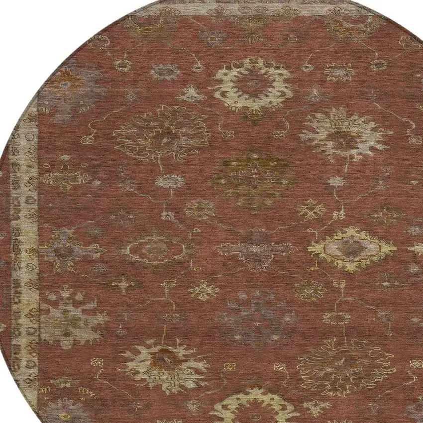 8' Rust And Gold Round Floral Washable Indoor Outdoor Area Rug Photo 8