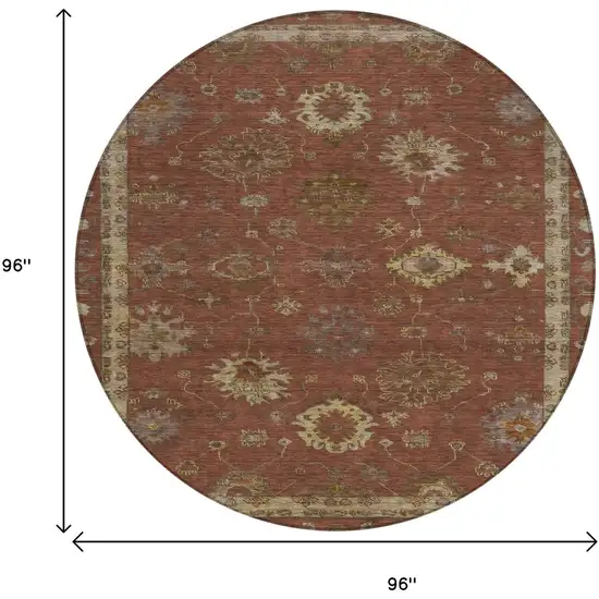 8' Rust And Gold Round Floral Washable Indoor Outdoor Area Rug Photo 9