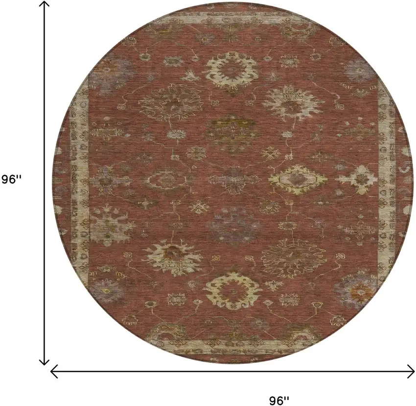8' Rust And Gold Round Floral Washable Indoor Outdoor Area Rug Photo 9