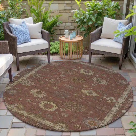 8' Rust And Gold Round Floral Washable Indoor Outdoor Area Rug Photo 5