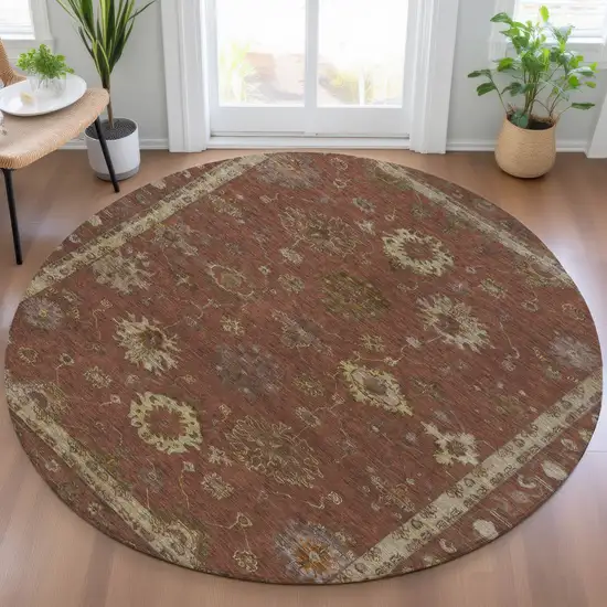 8' Rust And Gold Round Floral Washable Indoor Outdoor Area Rug Photo 6