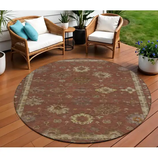 8' Rust And Gold Round Floral Washable Indoor Outdoor Area Rug Photo 2