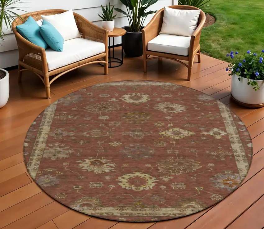 8' Rust And Gold Round Floral Washable Indoor Outdoor Area Rug Photo 2