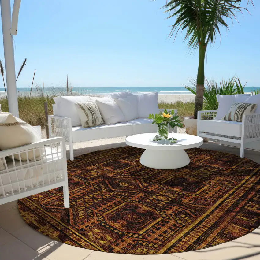 8' Rust And Gold Round Geometric Washable Indoor Outdoor Area Rug Photo 5