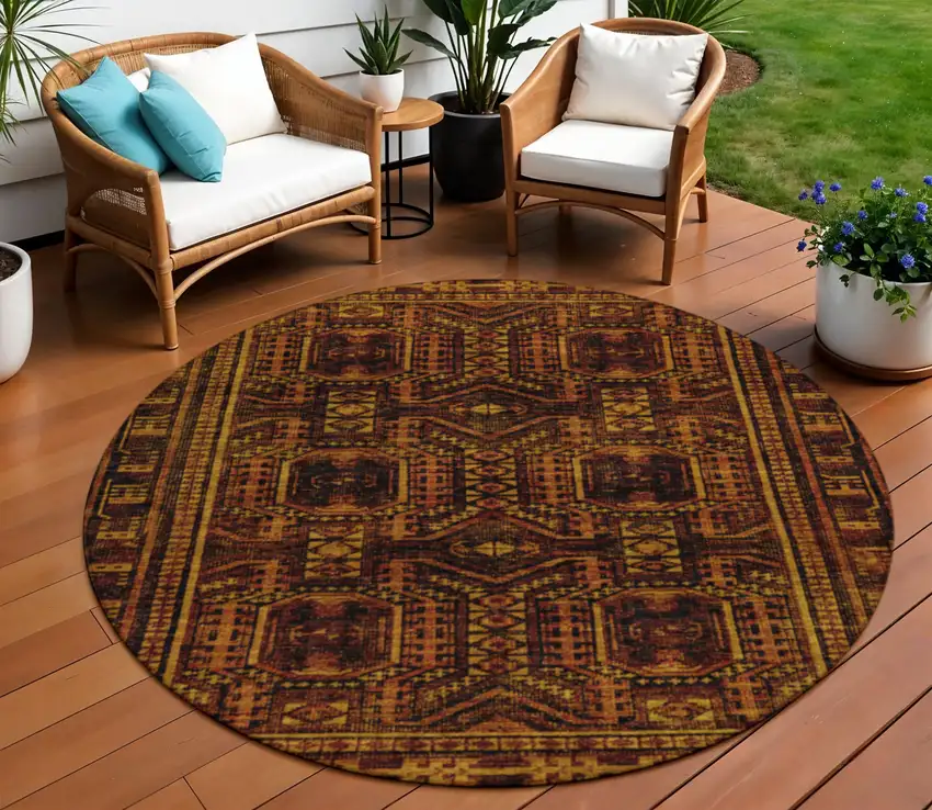 8' Rust And Gold Round Geometric Washable Indoor Outdoor Area Rug Photo 2