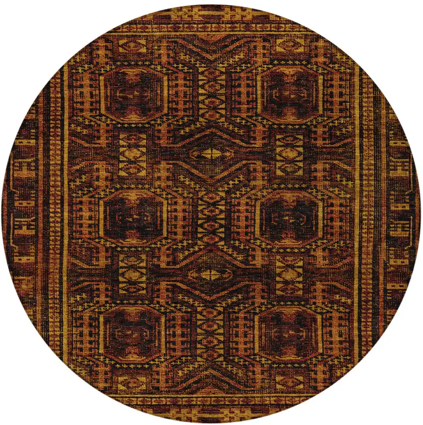 8' Rust And Gold Round Geometric Washable Indoor Outdoor Area Rug Photo 4