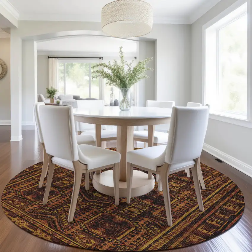 8' Rust And Gold Round Geometric Washable Indoor Outdoor Area Rug Photo 6