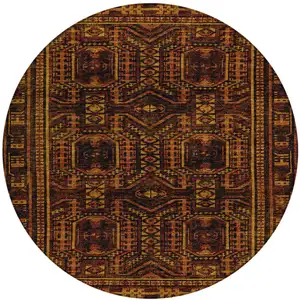 Photo of 8' Rust And Gold Round Geometric Washable Indoor Outdoor Area Rug