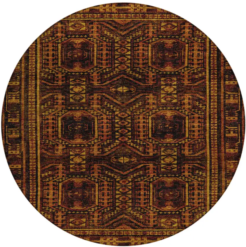 8' Rust And Gold Round Geometric Washable Indoor Outdoor Area Rug Photo 1