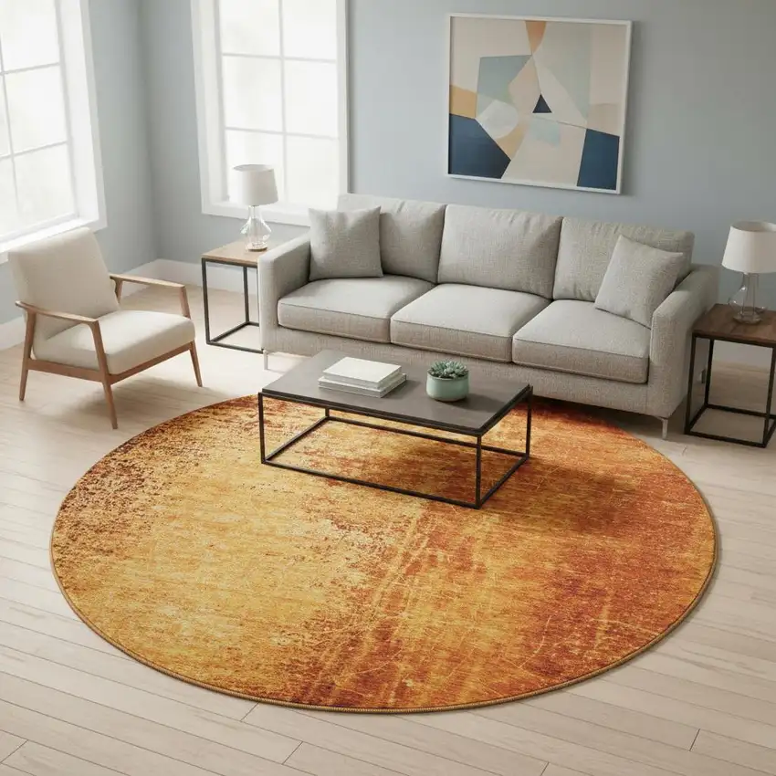 8' Rust And Gray Abstract Washable Round Rug With UV Protection Photo 2