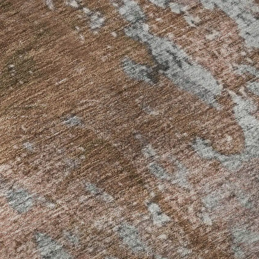 8' Rust And Gray Abstract Washable Round Rug With UV Protection Photo 8