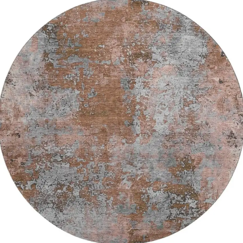 8' Rust And Gray Abstract Washable Round Rug With UV Protection Photo 2