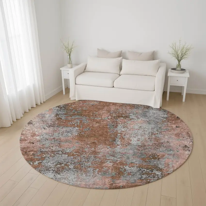 8' Rust And Gray Abstract Washable Round Rug With UV Protection Photo 4
