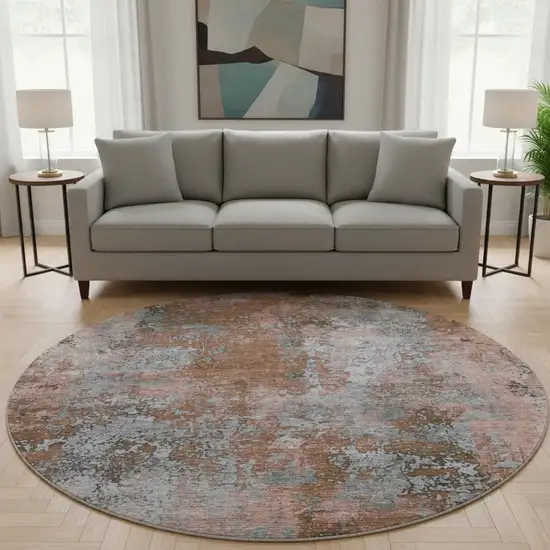 8' Rust And Gray Abstract Washable Round Rug With UV Protection Photo 2