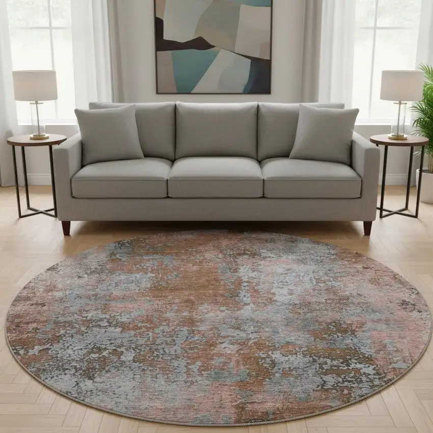 8' Rust And Gray Abstract Washable Round Rug With UV Protection Photo 2