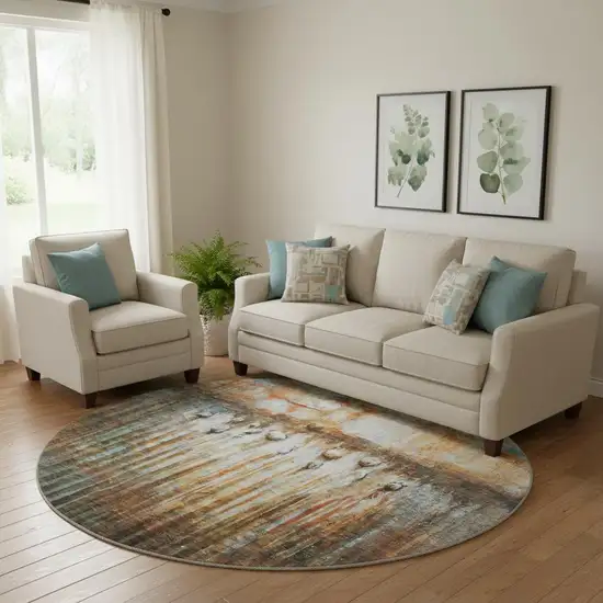 8' Rust And Gray Abstract Washable Round Rug With UV Protection Photo 2