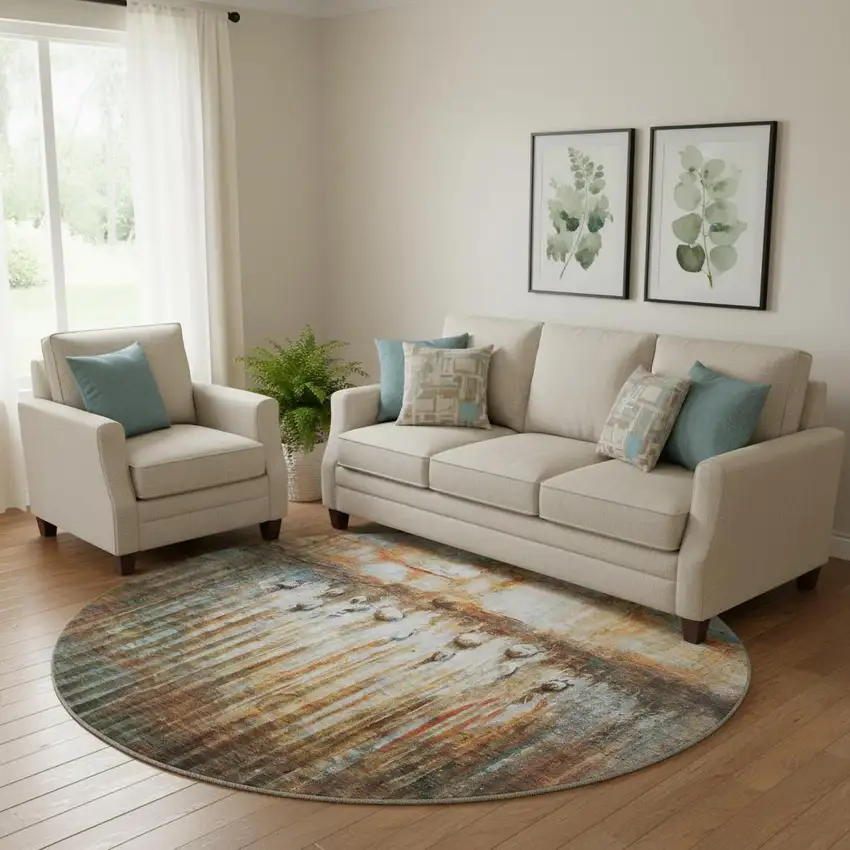 8' Rust And Gray Abstract Washable Round Rug With UV Protection Photo 2