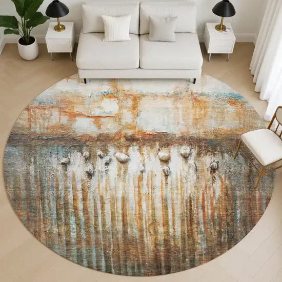 8' Rust And Gray Abstract Washable Round Rug With UV Protection Photo 5