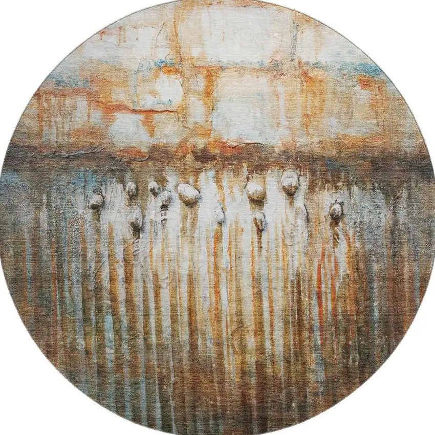 8' Rust And Gray Abstract Washable Round Rug With UV Protection Photo 4