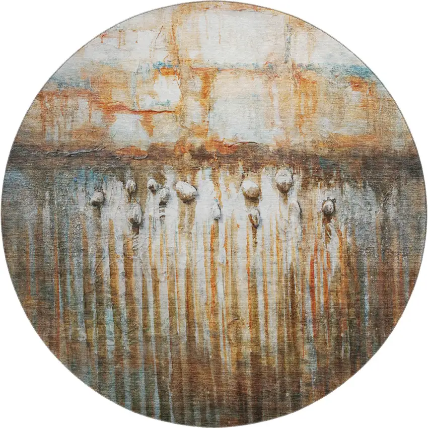 8' Rust And Gray Abstract Washable Round Rug With UV Protection Photo 1