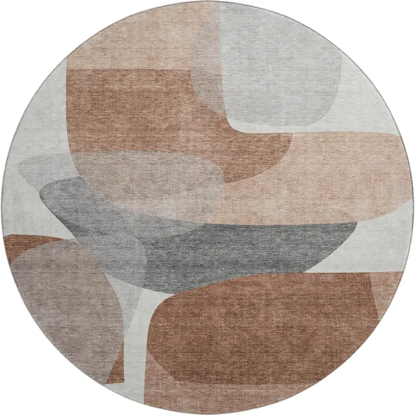 8' Rust And Gray Abstract Washable Round Rug With UV Protection Photo 1