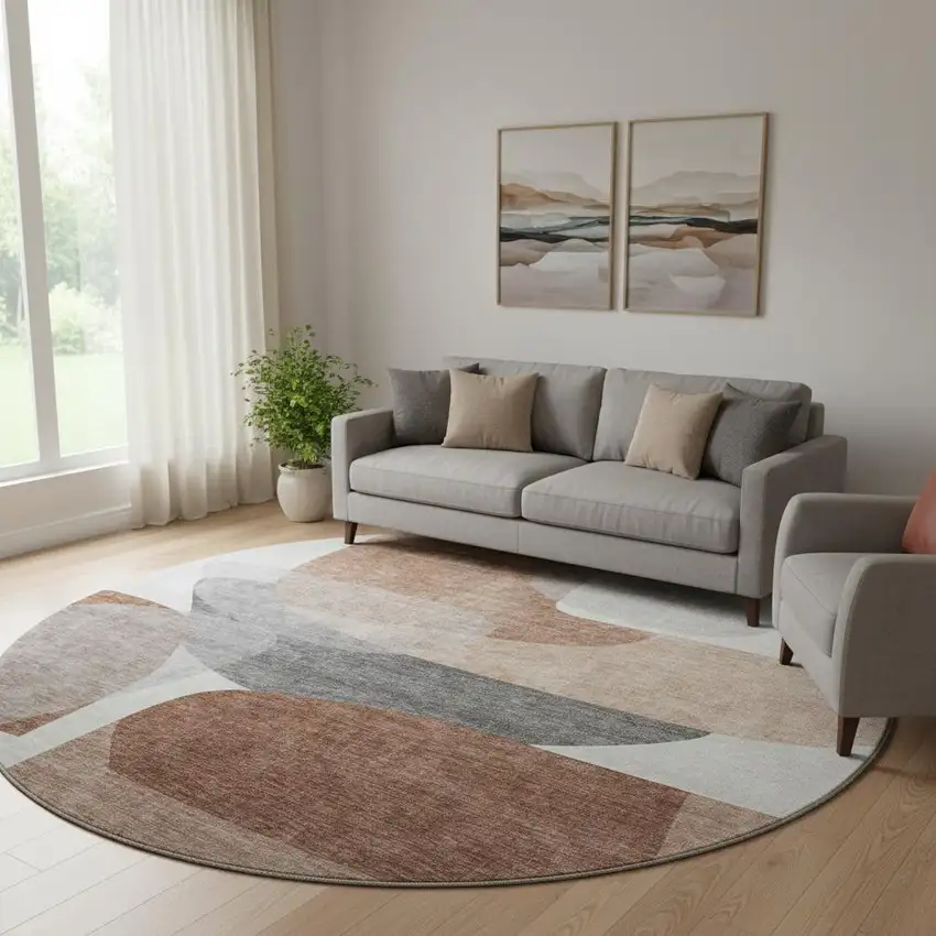 8' Rust And Gray Abstract Washable Round Rug With UV Protection Photo 2