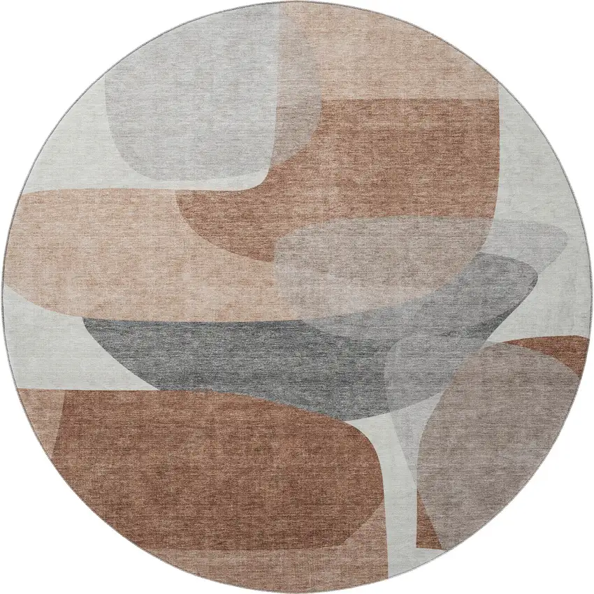 8' Rust And Gray Abstract Washable Round Rug With UV Protection Photo 4