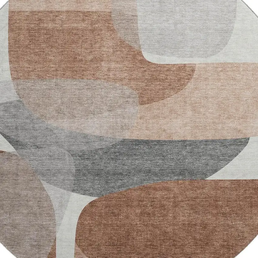 8' Rust And Gray Abstract Washable Round Rug With UV Protection Photo 3