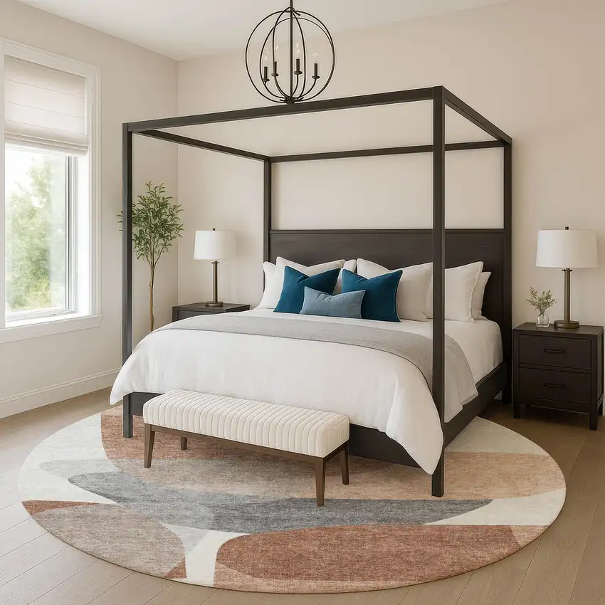 8' Rust And Gray Abstract Washable Round Rug With UV Protection Photo 5