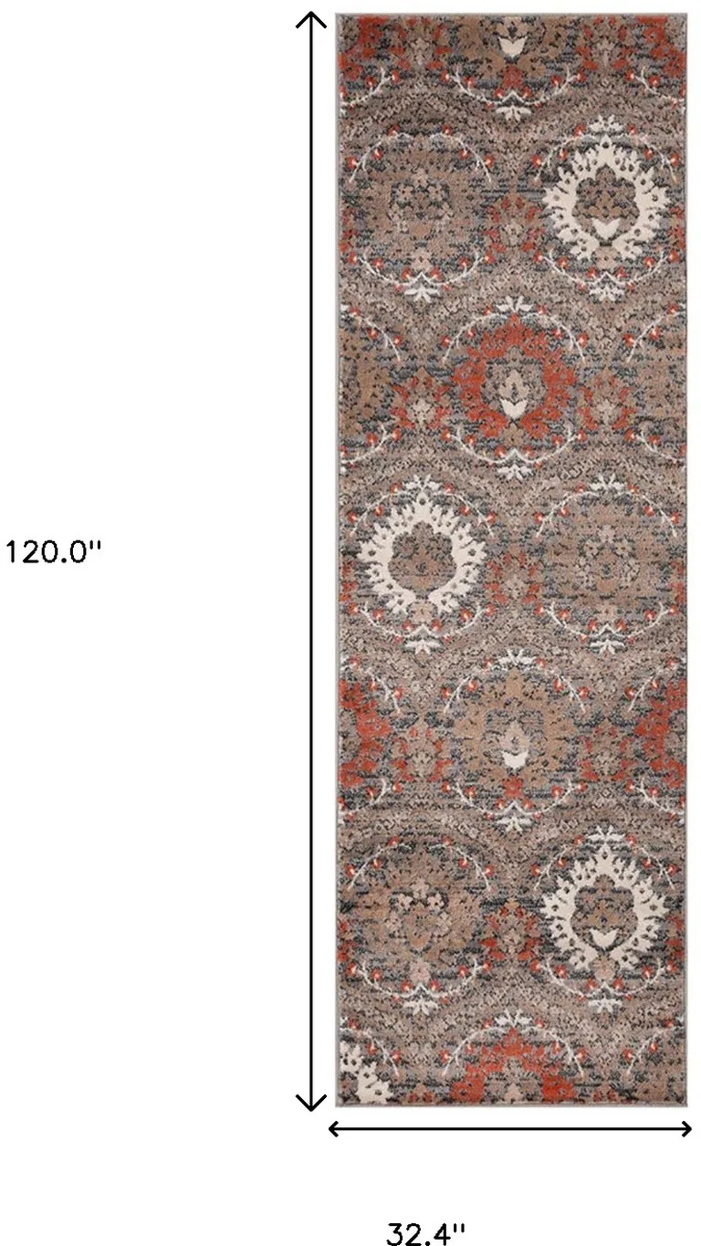 10' Rust And Gray Floral Stain Resistant Runner Rug Photo 5