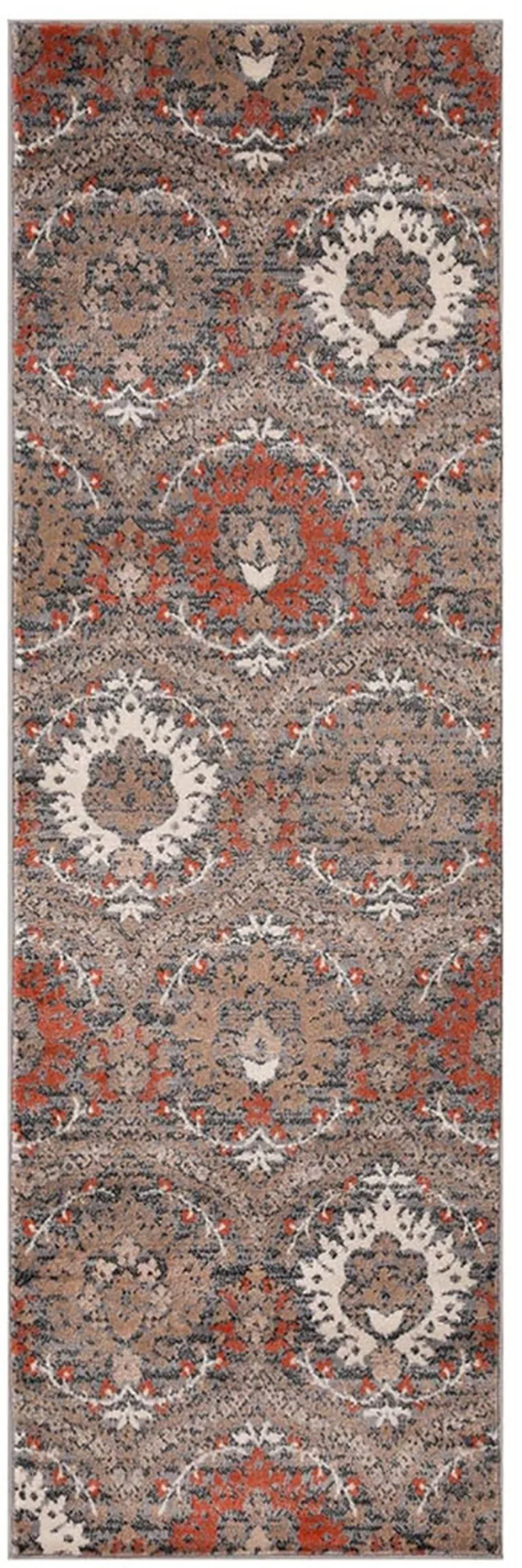 10' Rust And Gray Floral Stain Resistant Runner Rug Photo 1