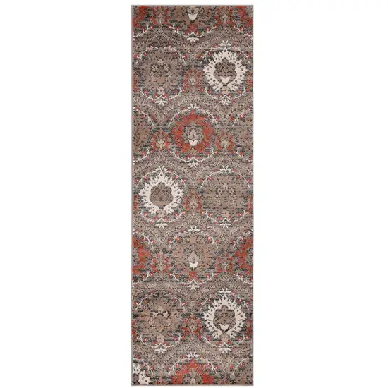 10' Rust And Gray Floral Stain Resistant Runner Rug Photo 1