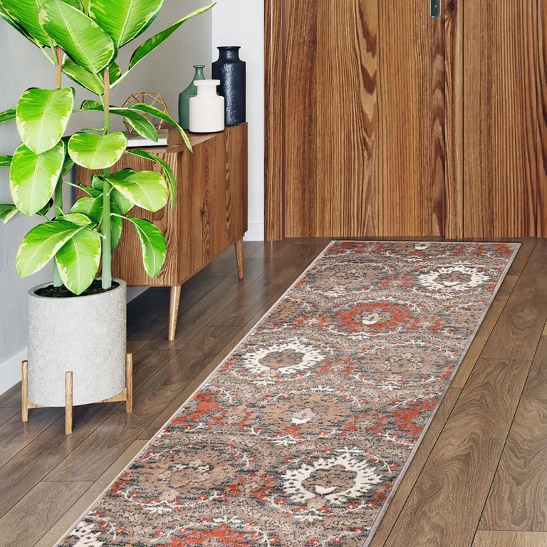 10' Rust And Gray Floral Stain Resistant Runner Rug Photo 2