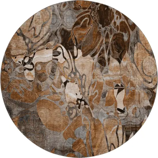 8' Rust And Gray Floral Washable Round Rug With UV Protection Photo 1
