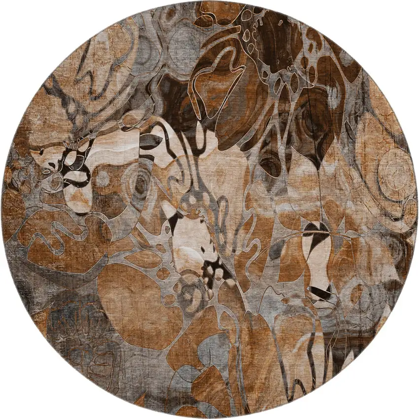 8' Rust And Gray Floral Washable Round Rug With UV Protection Photo 1