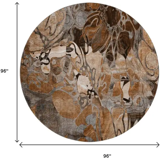 8' Rust And Gray Abstract Distressed Washable Round Rug With UV Protection Photo 9