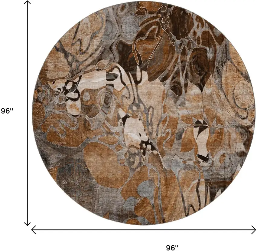 8' Rust And Gray Abstract Distressed Washable Round Rug With UV Protection Photo 9