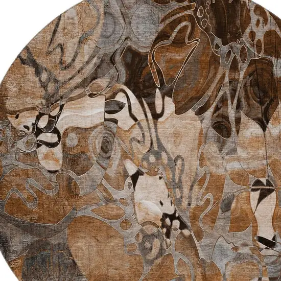 8' Rust And Gray Floral Washable Round Rug With UV Protection Photo 3