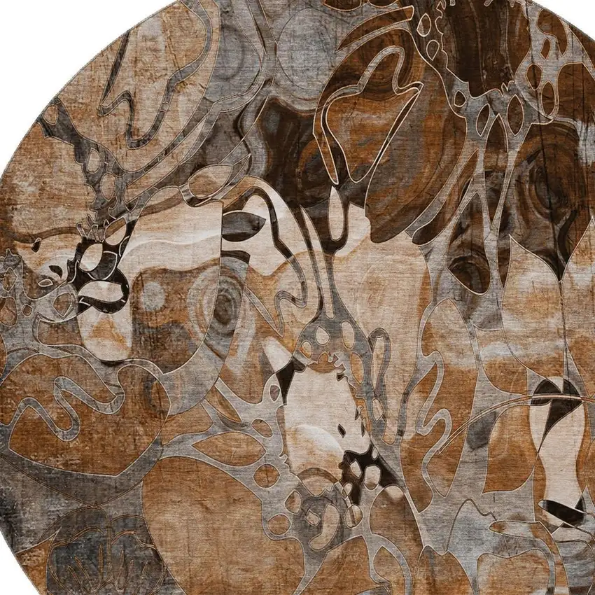 8' Rust And Gray Floral Washable Round Rug With UV Protection Photo 3