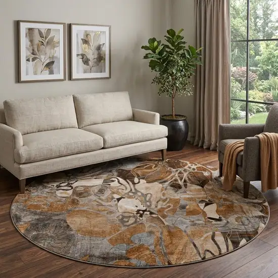 8' Rust And Gray Abstract Distressed Washable Round Rug With UV Protection Photo 1