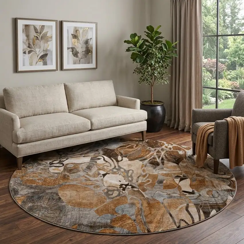 8' Rust And Gray Abstract Distressed Washable Round Rug With UV Protection Photo 1