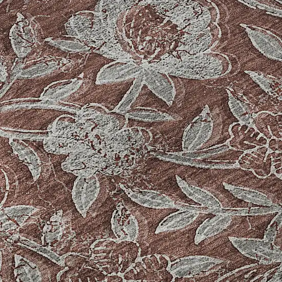 8' Rust And Gray Floral Washable Round Rug With UV Protection Photo 9