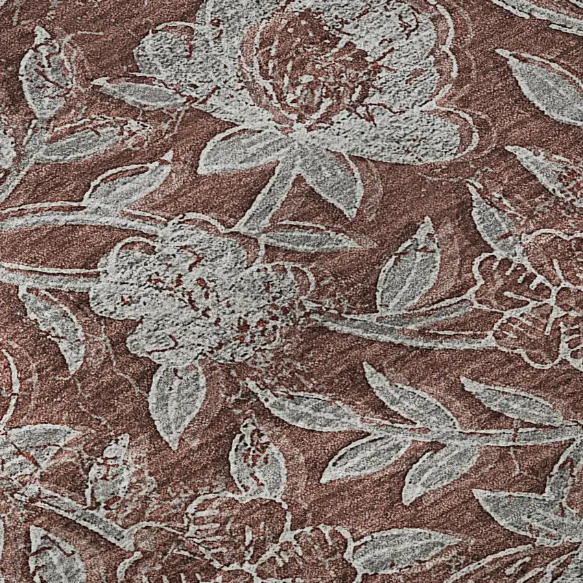 8' Rust And Gray Floral Washable Round Rug With UV Protection Photo 9