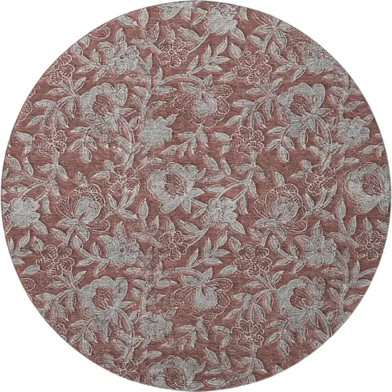 8' Rust And Gray Floral Washable Round Rug With UV Protection Photo 4